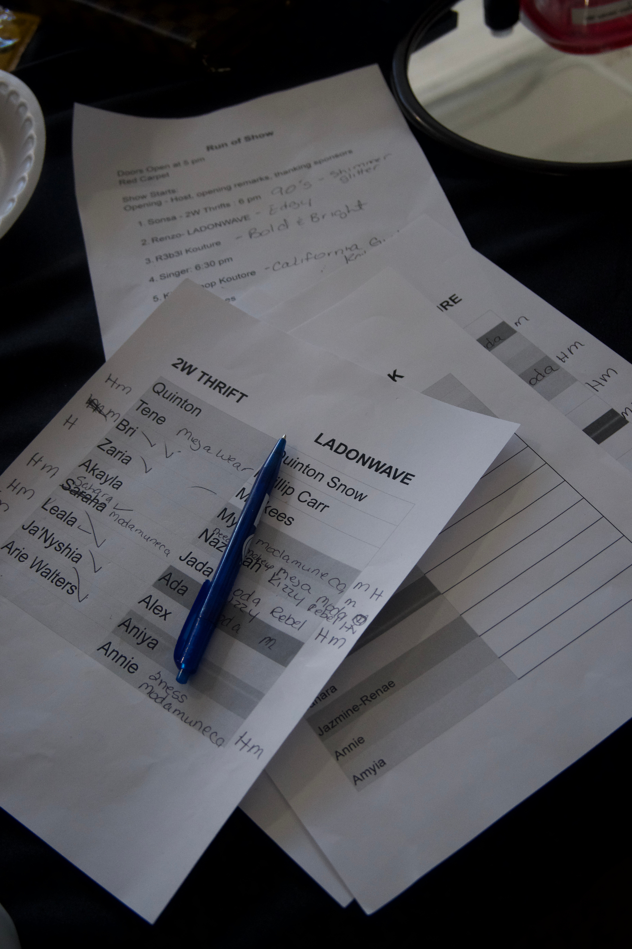 Run of show and model lineup sheets on a table backstage